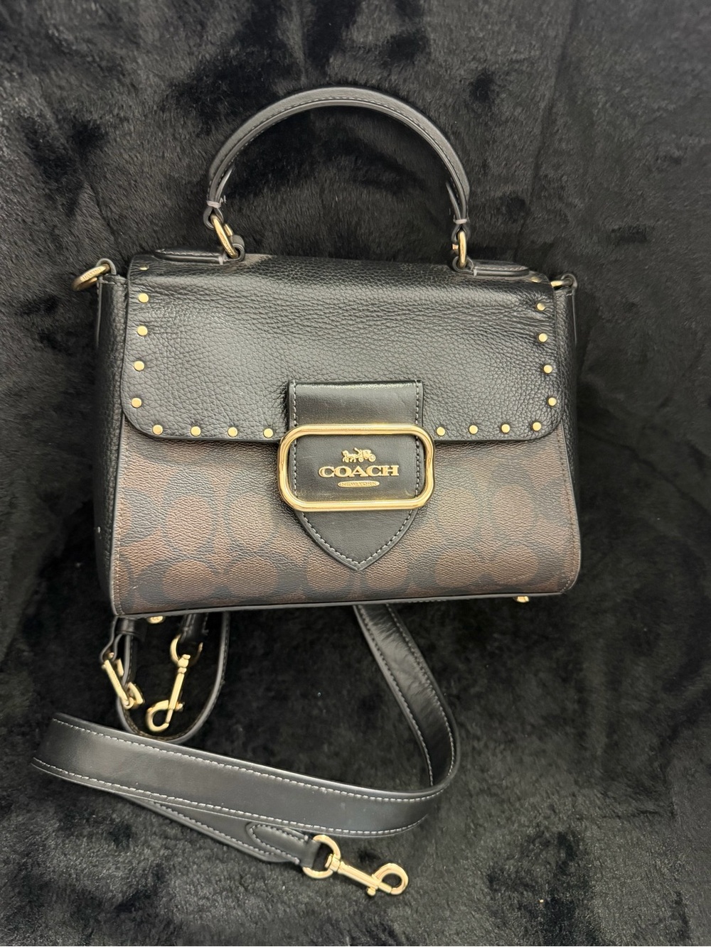 Coach Black/Brown Signature Leather Top Handle Crossbody
